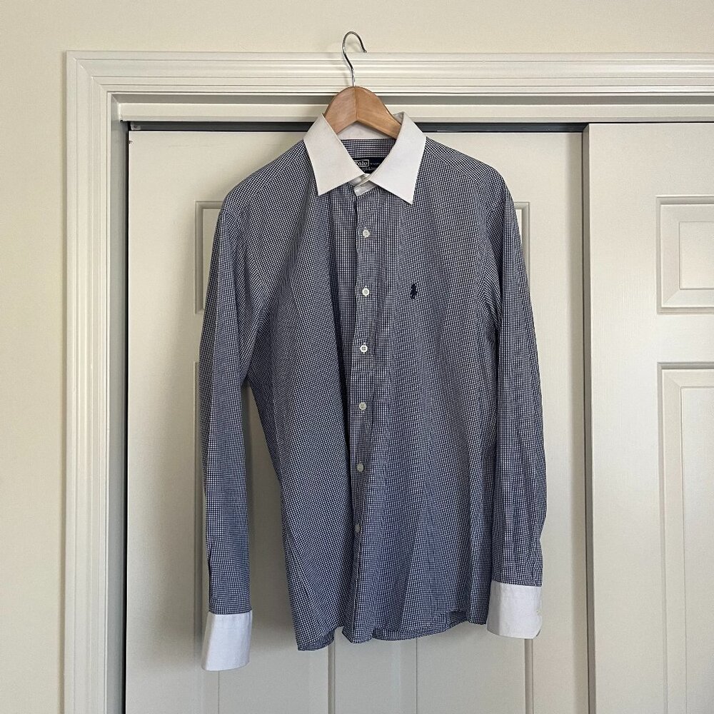 Vintage Polo Ralph Lauren Plaid Blue White Button Down Shirt Men L